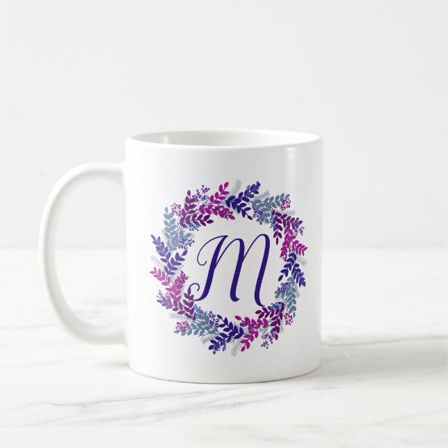 Purple Monogram Initial Christmas Wreath Coffee Mug (Left)