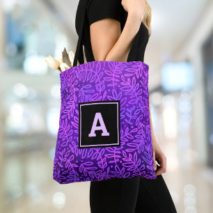 Purple monogram leaf pattern bold modern custom tote bag