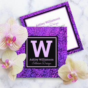 Purple monogram leaf pattern botanical bold modern square business card