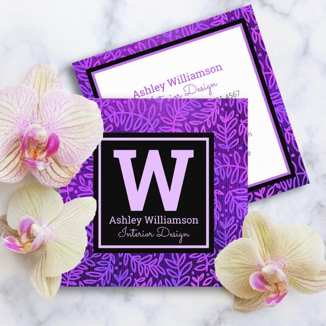 Purple monogram leaf pattern botanical bold modern square business card (Creator Uploaded)