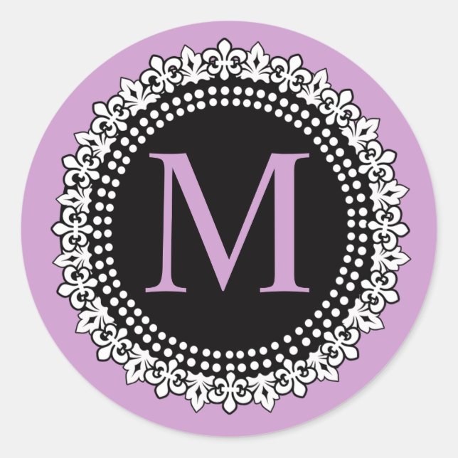Purple Monogram M Fleur de lis Wedding Sticker (Front)