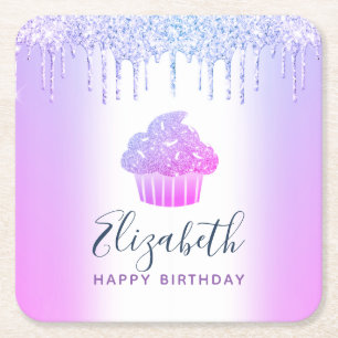 Purple monogram name cupcake glitter drips script square paper coaster