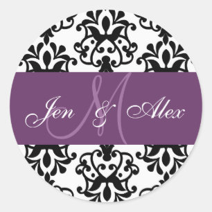 Purple Monogram Names Damask Wedding Seal