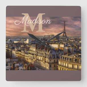 Purple Monogram Paris France Eiffel Tower Photo Square Wall Clock