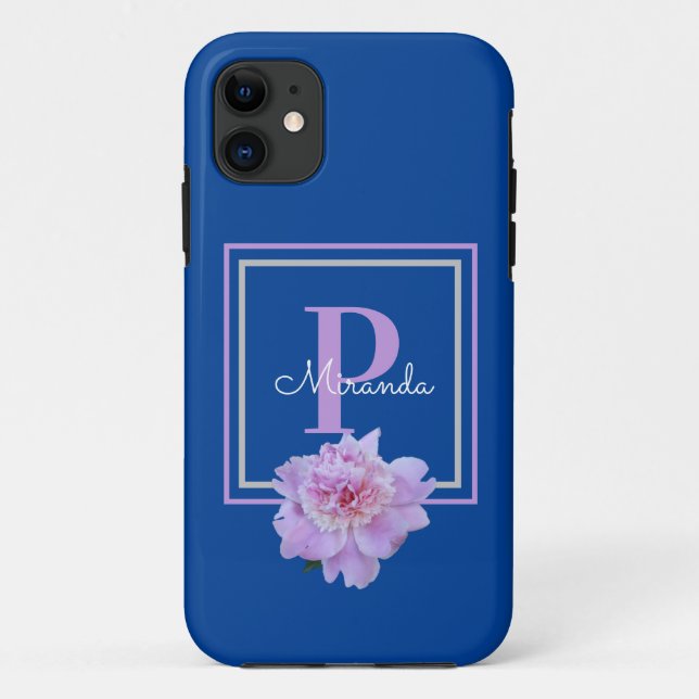 Purple Monogram Pink Peony Flower Blue  Case-Mate iPhone Case (Back)