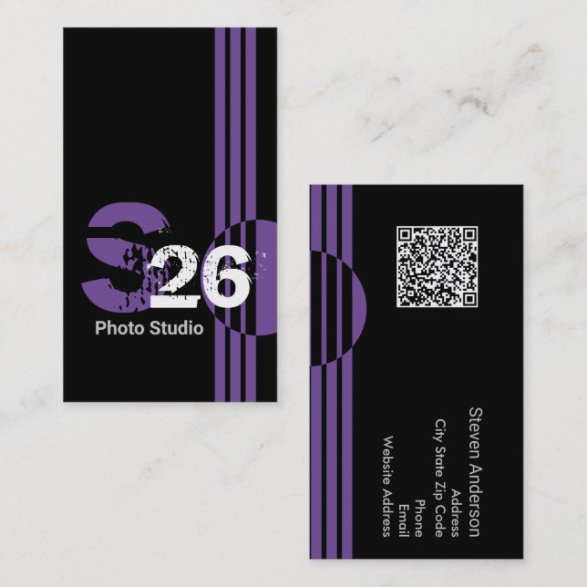 Purple monogram QR code abstract geometric Business Card (Front/Back)