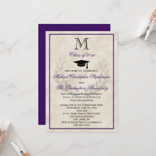 Purple Monogram Wreath Classic College Graduation Invitation