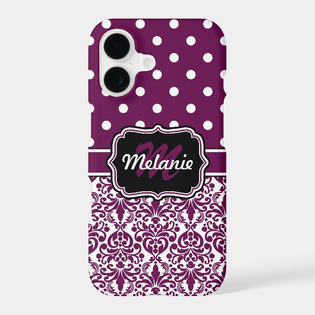 Purple Monogrammed Damask Polka Dots Pattern (Back)
