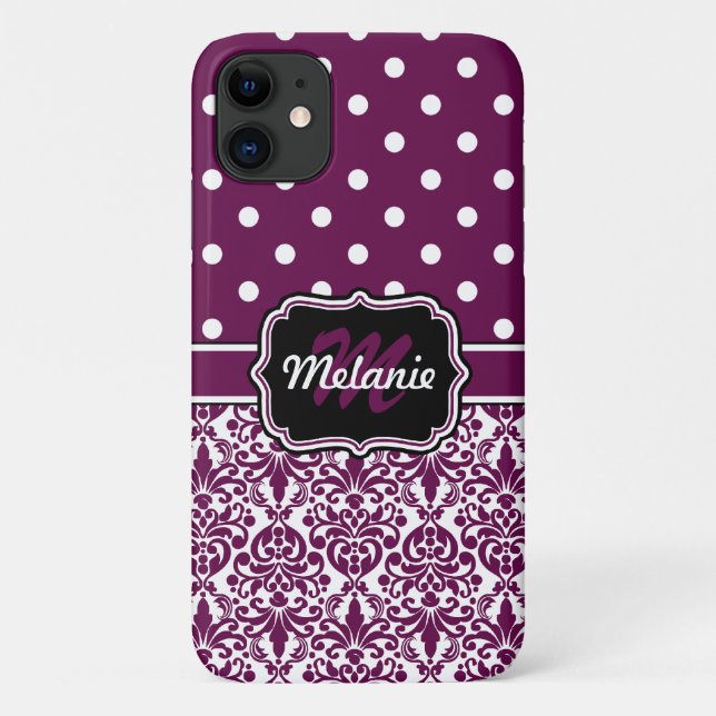 Purple Monogrammed Damask Polka Dots Pattern Case-Mate iPhone Case (Back)