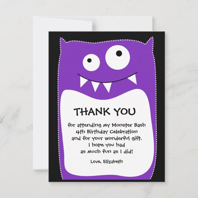Purple Monster Bash Thank You Card (Flat) (Front)