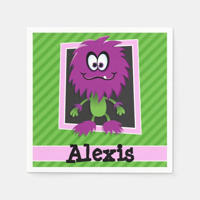 Purple Monster on Green Stripes Napkin (Front)