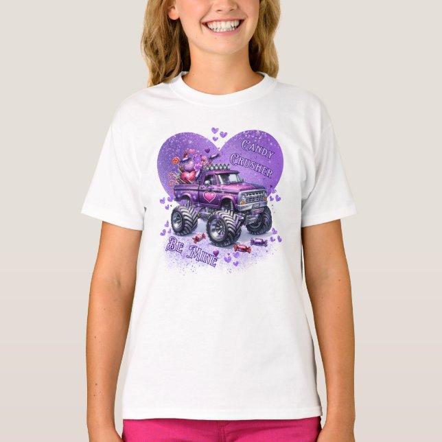 Purple Monster Truck Candy Crusher be Mine T-Shirt (Front)