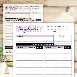 Purple Monthly Budget Plan of Income and Expenses Notepad
