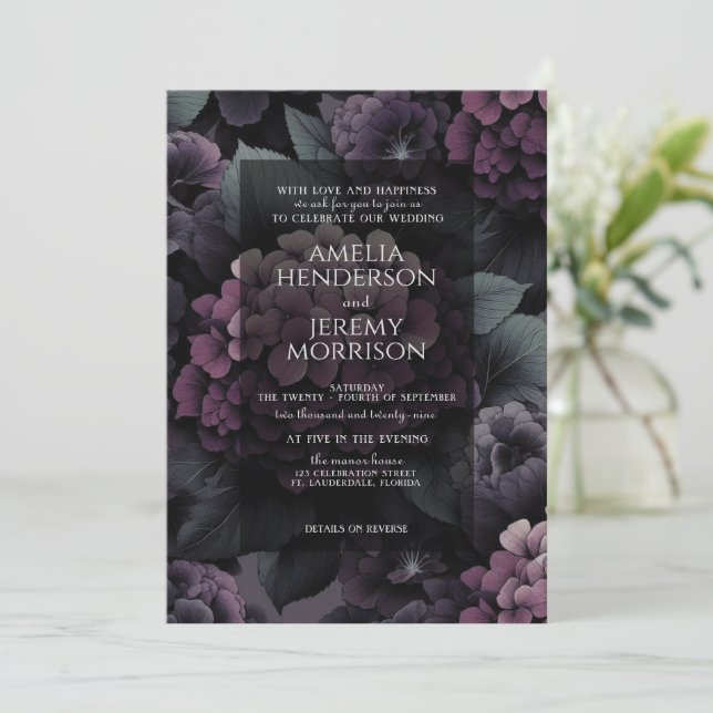 Purple Moody Floral with Details Invitation (Standing Front)