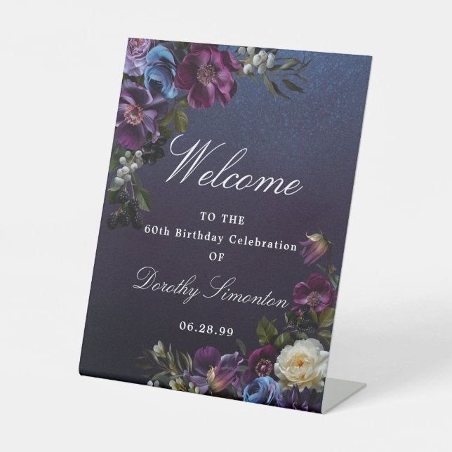 Purple Moody Flower 60th Birthday Welcome  Pedestal Sign (Front)