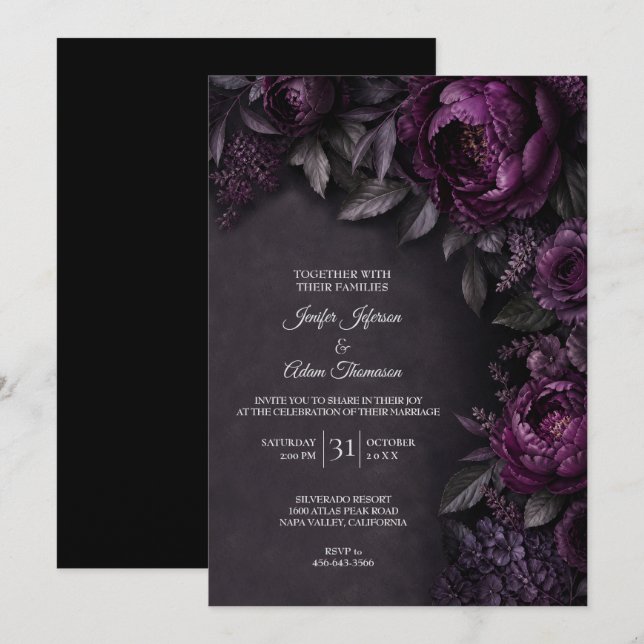Purple Moody Flowers Wedding Invitation (Front/Back)