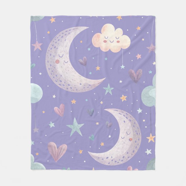 Purple Moon & Clouds Fleece Blanket (Front)