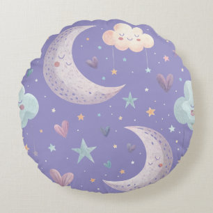 Purple Moon & Clouds Round Pillow