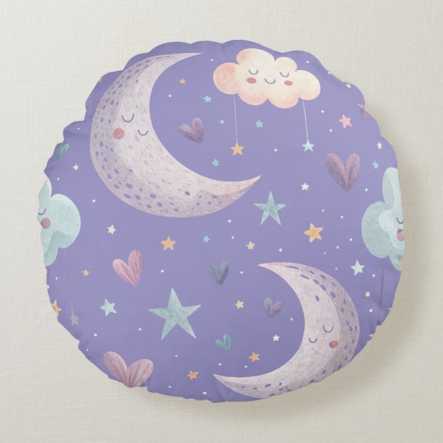 Purple Moon & Clouds Round Pillow (Front)