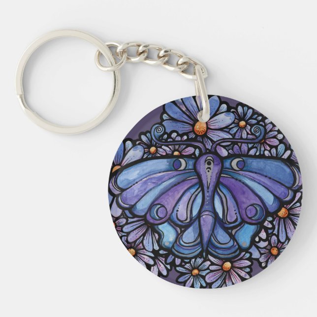 Purple Moon Moth Daisies          Key Ring (Front)