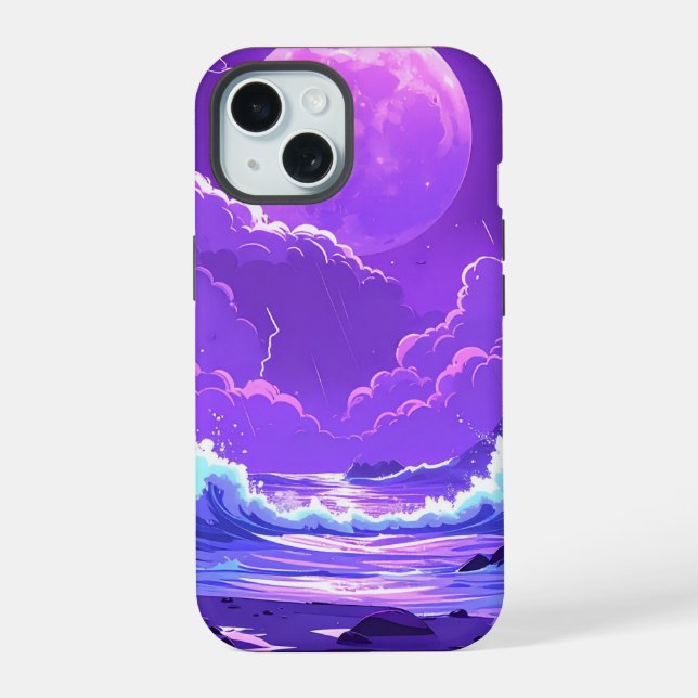 Purple Moon Over the Sea – Dreamy Night Sky iPhone iPhone 15 Case (Back)