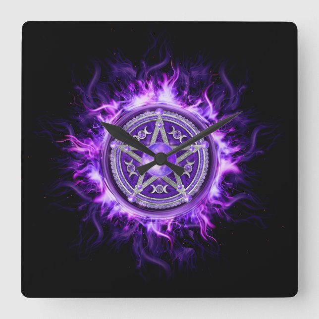 Purple Moon Pentagram Square Wall Clock (Front)