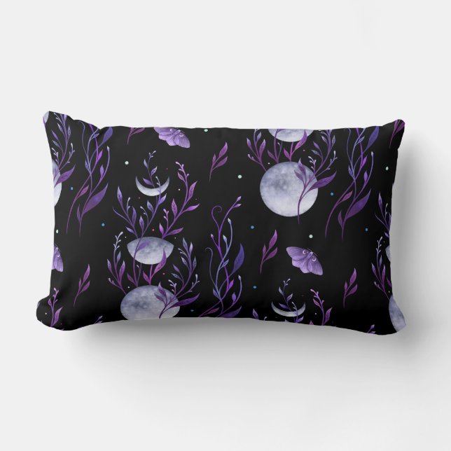 Purple Moons and Moth Botanical Throw Pillow (Front)