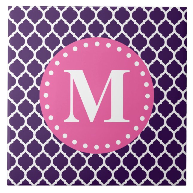 Purple Moroccan Lattice Pink Monogram Ceramic Tile (Front)