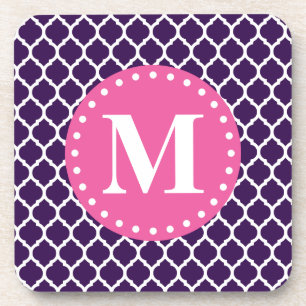 Purple Moroccan Lattice Pink Monogram Coaster