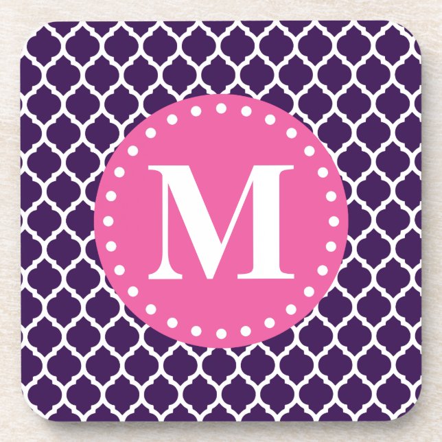 Purple Moroccan Lattice Pink Monogram Coaster (Front)
