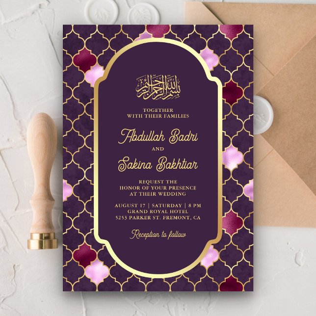 Purple Moroccan Quatrefoil QR Code Muslim Wedding Invitation (Creator Uploaded)