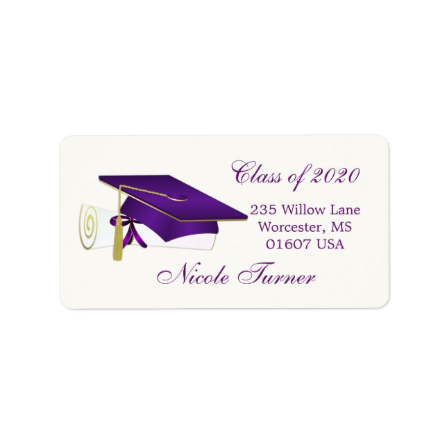 Purple Mortar cap, diploma graduation Label (Front)
