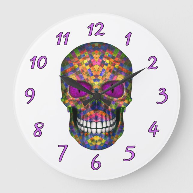 Purple Mosaic Sugar Skull Zombie Wall Clock (Front)