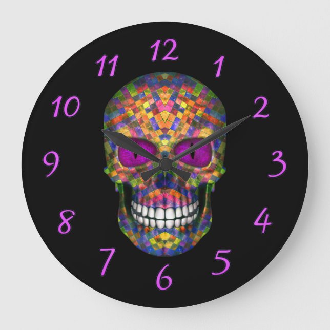 Purple Mosaic Sugar Skull Zombie Wall Clocks (Front)