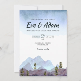 Purple Mountain Pine Watercolor Winter Wedding Invitation