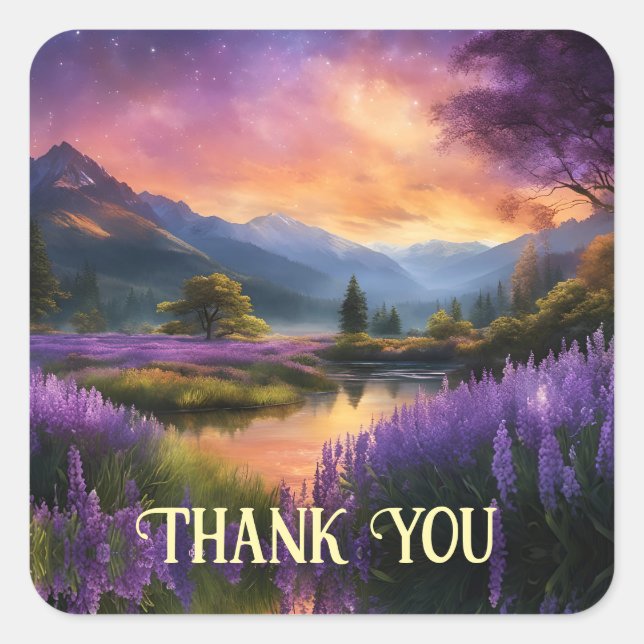 Purple Mountain Valley Sunrise Thank You Square Sticker (Front)
