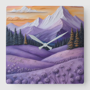 Purple Mountain Valley Sunset Textured Art Wall  Square Wall Clock