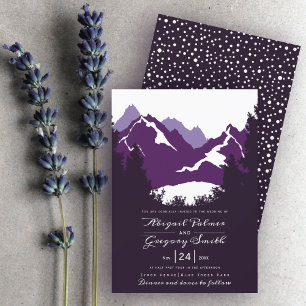 Purple mountains and conifer trees wedding invitation