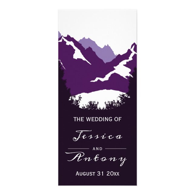 Purple mountains and conifer trees wedding program rack card (Front)