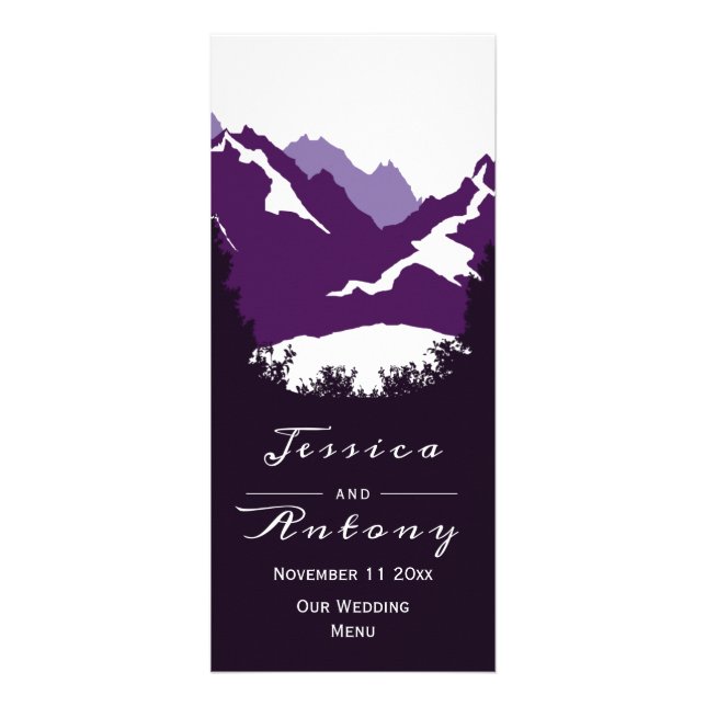 Purple mountains, conifer trees wedding menu card (Front)