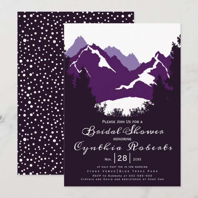 Purple mountains, conifers wedding bridal shower invitation (Front/Back)