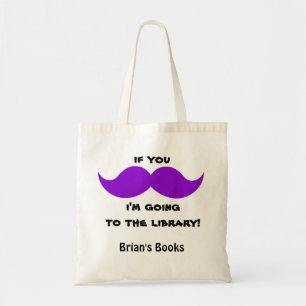 Purple Moustache Library Book Bag, add your name Tote Bag