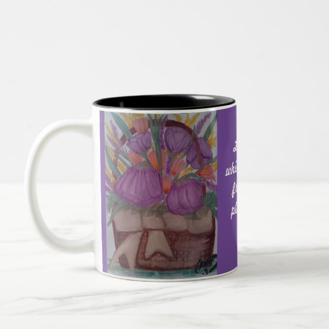 Purple Mug, Purple flowers, Helen Keller Poem Two-Tone Coffee Mug (Left)