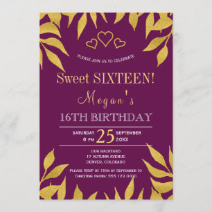 Purple mulberry gold fall leaves sweet sixteen invitation