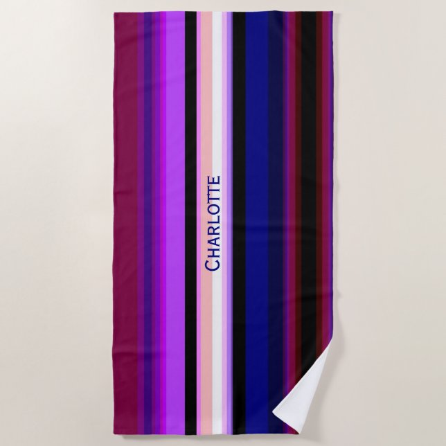 Purple multicolor vertical stripes beach towel (Front)