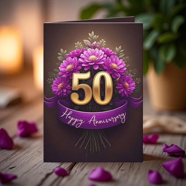 Purple Mum Flowers Golden 50th Wedding Anniversary Card (Creator Uploaded)