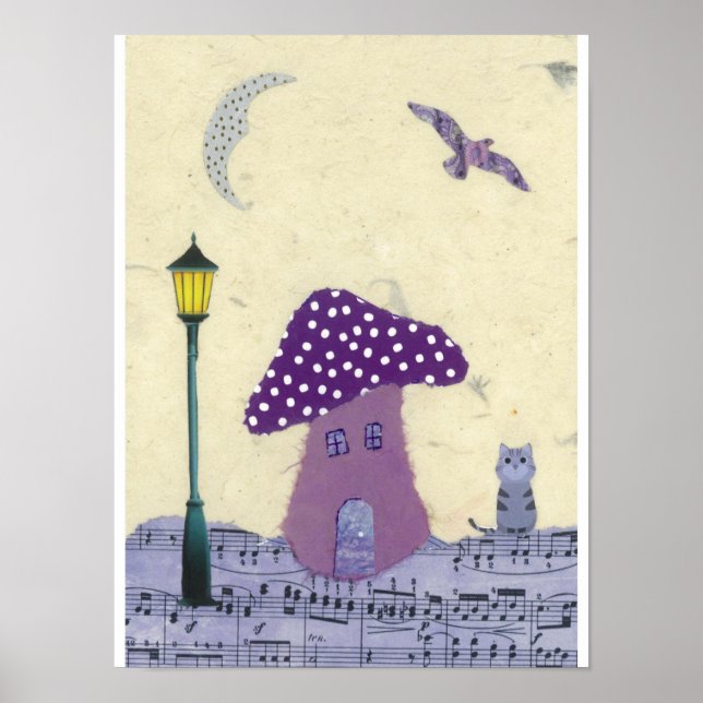 Purple Mushroom House with Lamp Post and Cat Poster (Front)