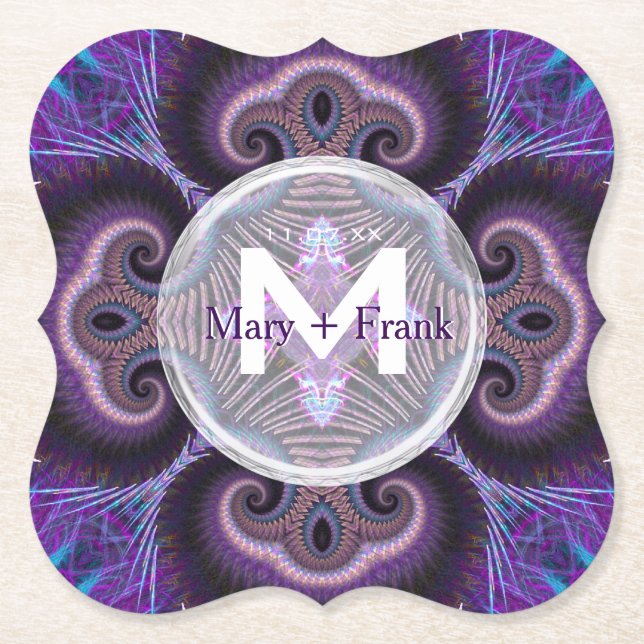 Purple Mushroom Mandala Fractals Monogram Paper Coaster (Front)