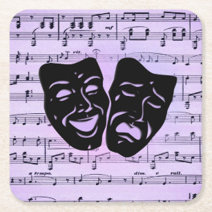 Purple Music and Theatre Masks Square Paper Coaster