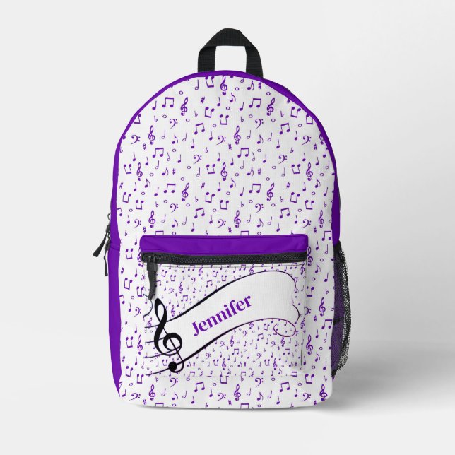 Purple music theme personalised printed backpack (Front)